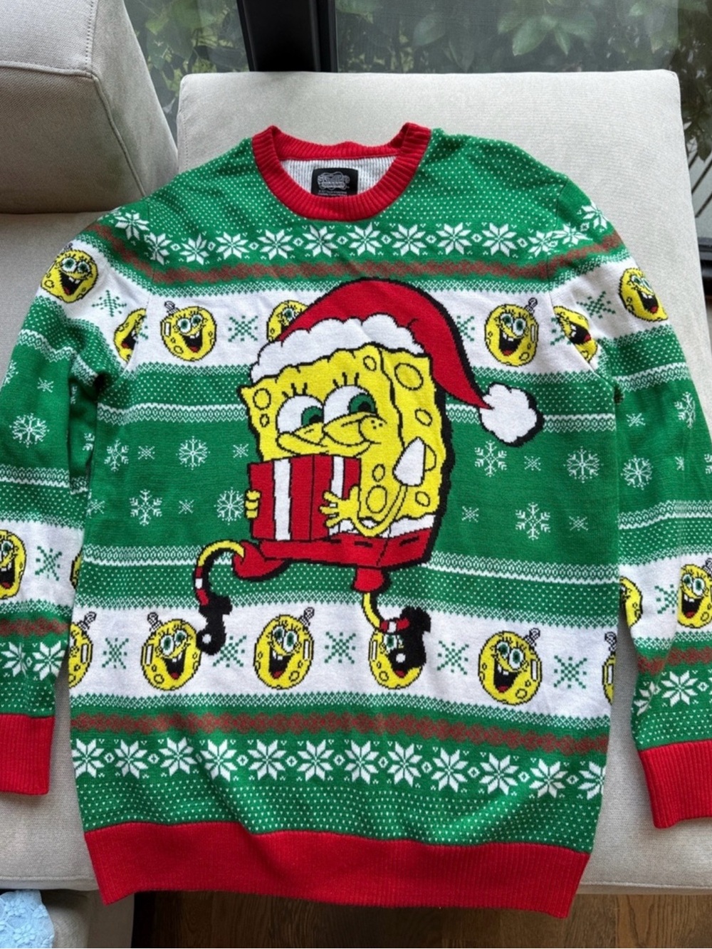 SpongeBob Square Pants Holiday Green Knit Sweater Mens S Unisex NWOT Sponge Bob